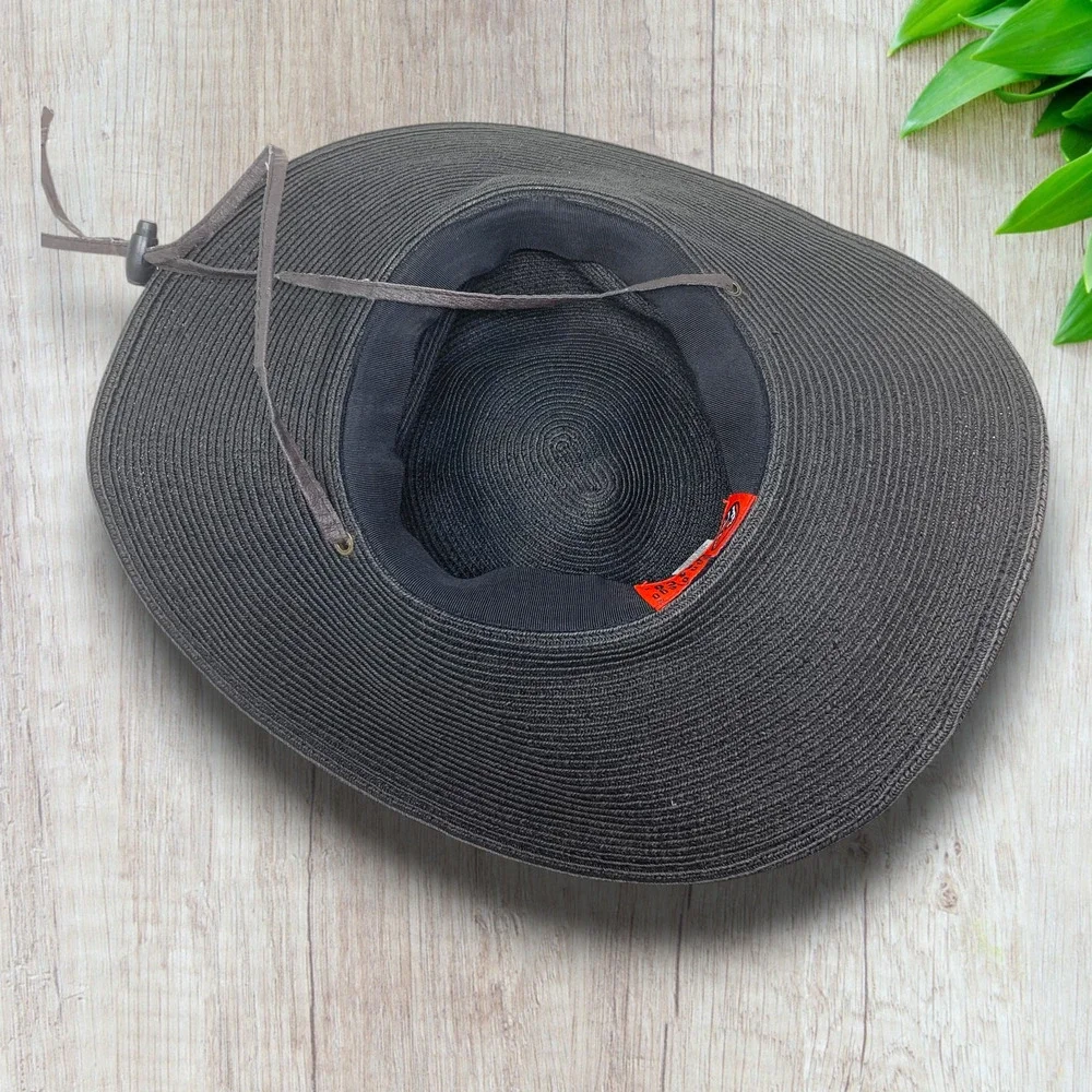 San Diego Hat Co Black Wide Brim Sun Hat Chin Strap Woven Beach M UPF Style
